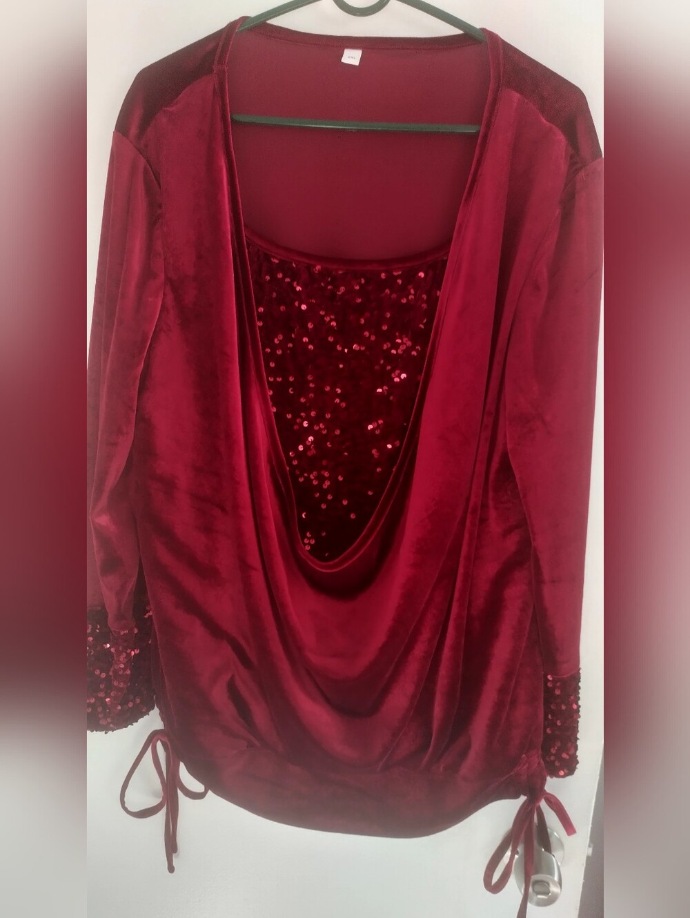 Burgundy Velvet Long Sleeve Top With Attached Sequin Shell 2x